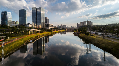 Modern office buildings and Pinheiros River in Sao Paulo city, Brazil.