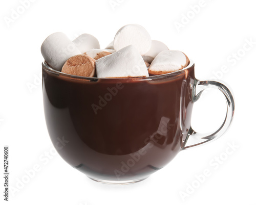 Glass cup of tasty hot chocolate with marshmallows on white background