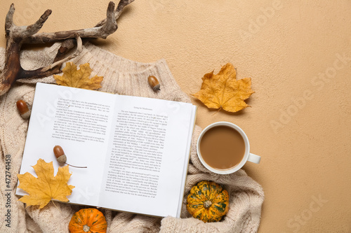 Cup of tasty coffee, book a...