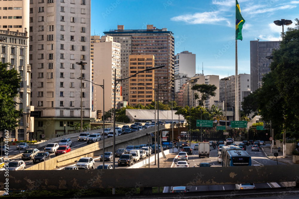 Traffic Jam in entrance of Anhangabau Tunnel and 23 de Maio Avenue in downtown Sao Paulo, Brazil.
