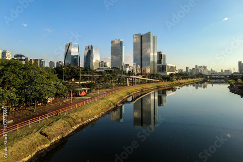 Modern office buildings and Pinheiros River in Sao Paulo city  Brazil.