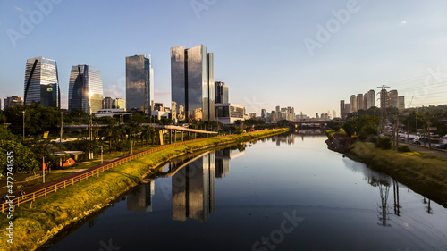 Modern office buildings and Pinheiros River in Sao Paulo city  Brazil.