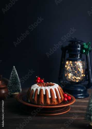 Still life. Christmas cheesecake. Celebration atmosphere. Dark background.