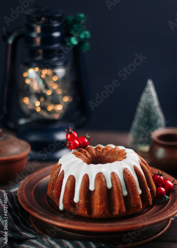 Still life. Christmas cheesecake. Celebration atmosphere. Dark background.