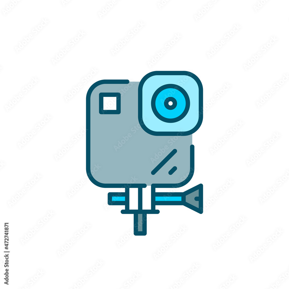 Action live camera. Active and extreme sports video registration gadget. Pixel perfect, editable stroke colorful icon Action live camera. Active and extreme sports video registration gadget. Pixel perfect, editable stroke colorful icon
