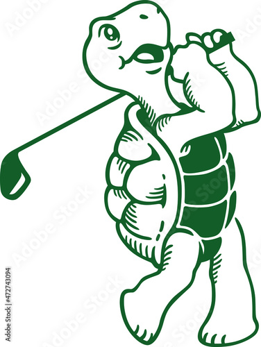 A Cute Turtle Performing A Golf Swing Cartoon Character Design