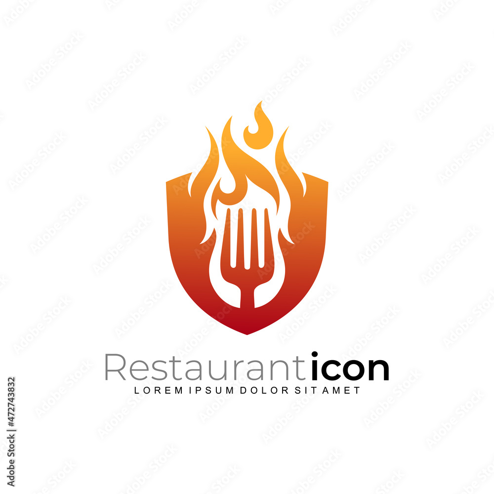 Shield logo and fire design restaurant, fork and fire design Shield logo and fire design restaurant, fork and fire design