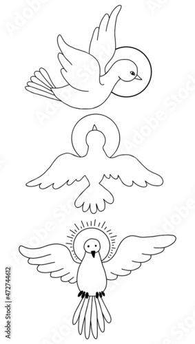 Vector illustration of Holy Spirit. Collection of outline, line doodle - Dove with halo in flight. Religious icon of Holy Spirit. Elements for design of religious projects 