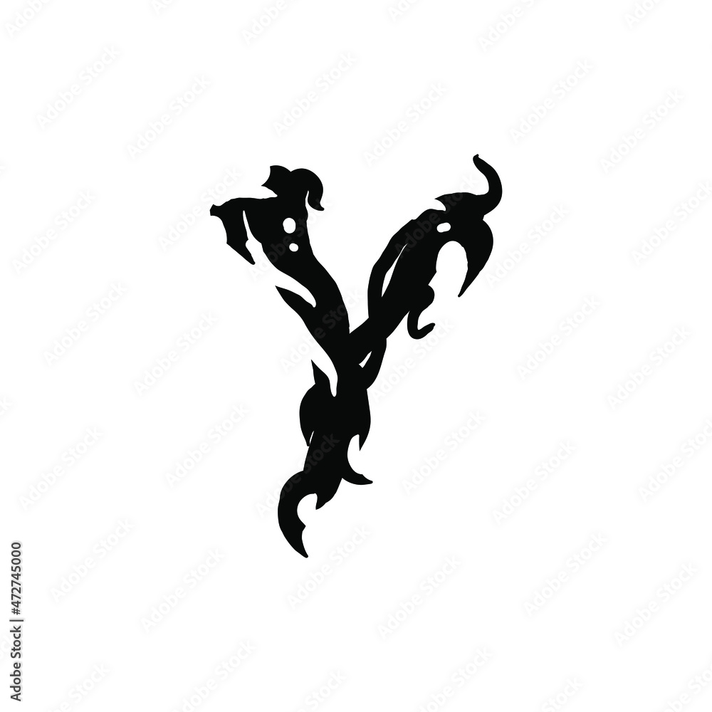 Letter Y in gothic graffiti style. Black letter with curls. Logo or design element. Vector illustration isolated on white background. Vector EPS 10. Letter Y in gothic graffiti style. Black letter with curls. Logo or design element. Vector illustration isolated on white background. Vector EPS 10.