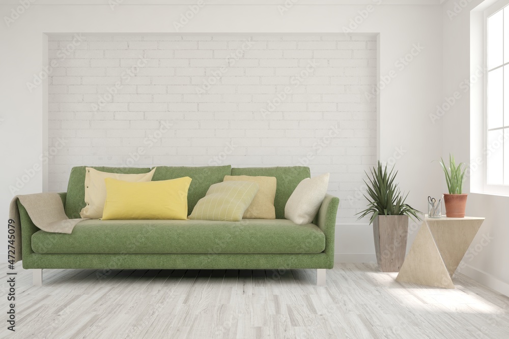 Obraz premium White living room with sofa. Scandinavian interior design. 3D illustration