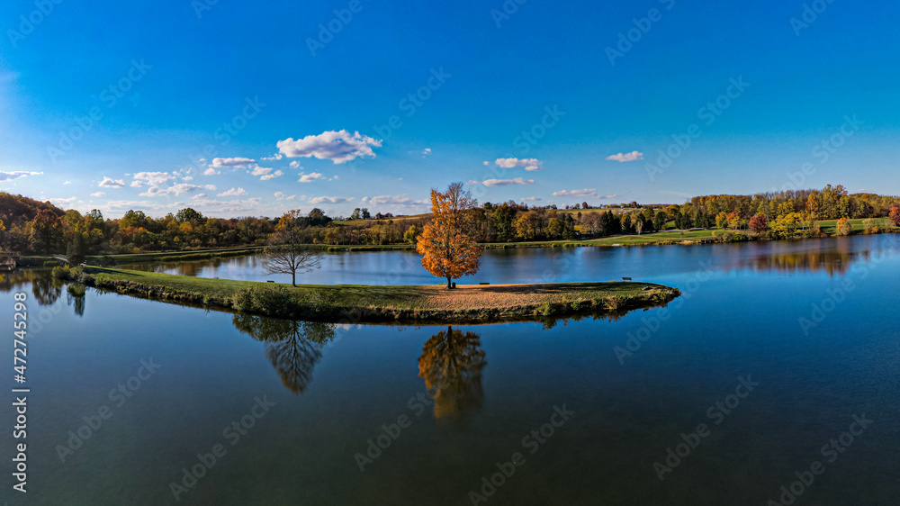 Fototapeta premium reflection of the sky and clouds orange tree