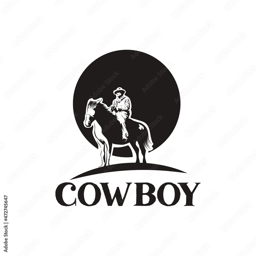 cowboy logo silhouette, man riding horse on moon background vintage style cowboy logo silhouette, man riding horse on moon background vintage style
