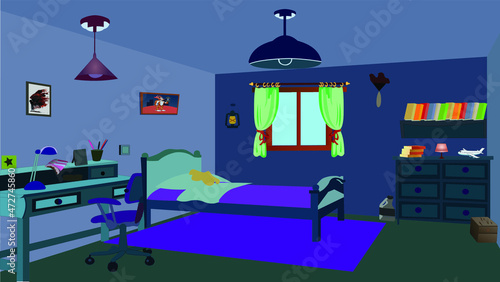 Study room inside night view vector interior illustration.