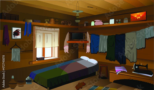Village room inside vector, poor room vector old interior illustration.