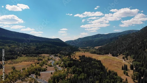 Aerial drone shot of beautiful Mountain range, valley and flowing river during sunny day in Wilderness of National Park in Coloado photo