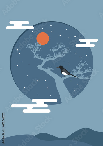 Illustration of a magpie sitting on a pine tree.