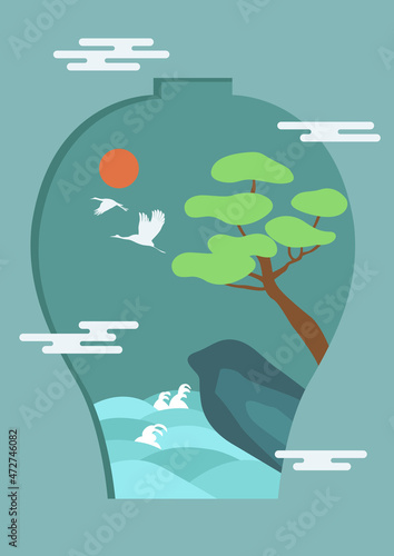 Lotus flower illustration in a porcelain bottle silhouette.