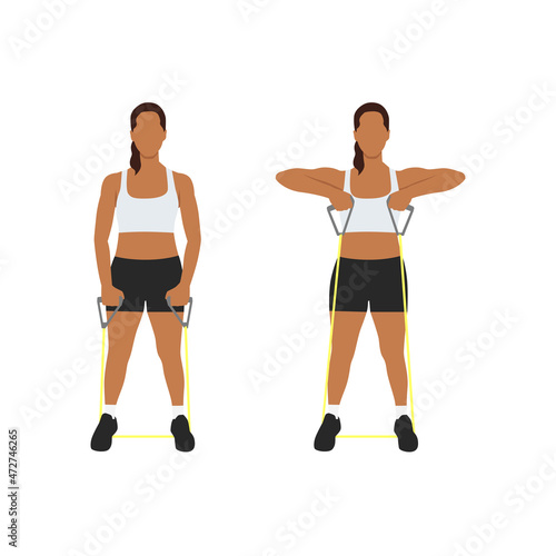 Woman doing Cable upright row with resistance band exercise. Flat vector illustration isolated on white background