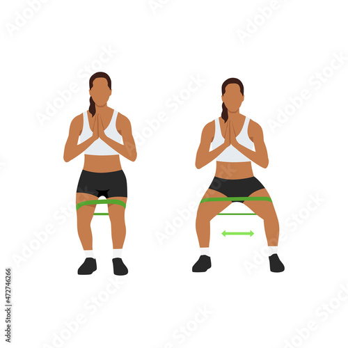 Woman doing Side shuffles. Crab walk training and stretching. Resistance band exercise. Flat vector illustration isolated on white background