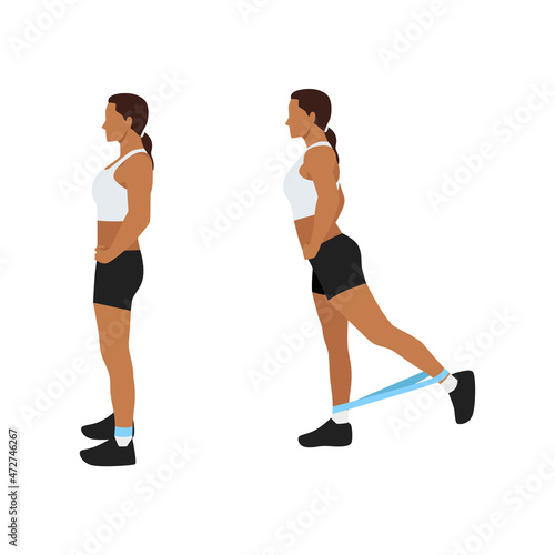 Woman doing Standing kickbacks Resistance band exercise. Flat vector illustration isolated on white background