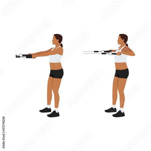 Woman doing Upper back farmers Resistance band exercise. Flat vector illustration isolated on white background