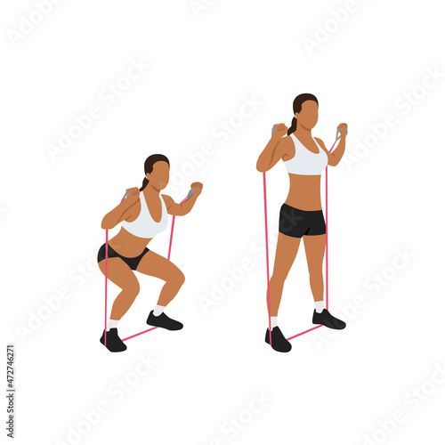 Woman doing Resistance band squat exercise. Flat vector illustration isolated on white background
