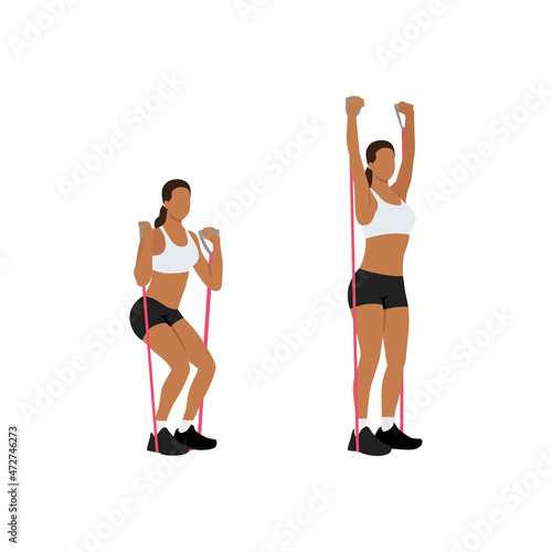 Woman doing Resistance band Squat and overhead press exercise. Flat vector illustration isolated on white background