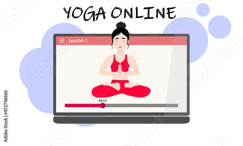 Yoga classes online by video. A pretty Asian girl on a laptop screen shows an asana. Yoga training via the Internet. Vector illustration.