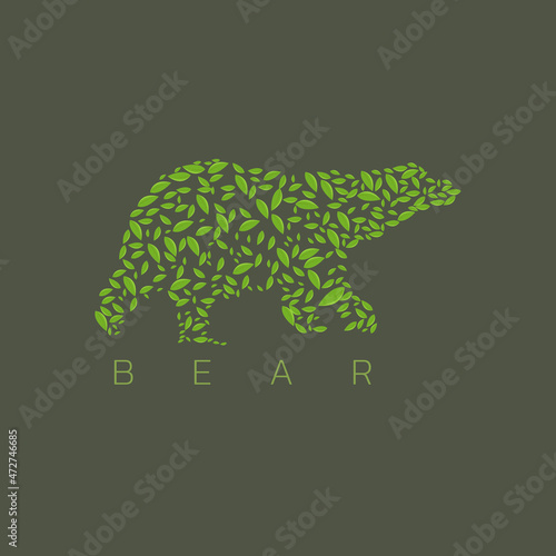 Bear logo vector illustration with green leaves pattern. wild animal logo template. organic design concept.