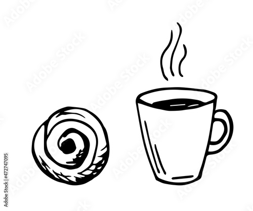 Simple vector black outline drawing. Traditional Swedish pastries, coffee and bun. Ink sketch. Food and hot drinks.