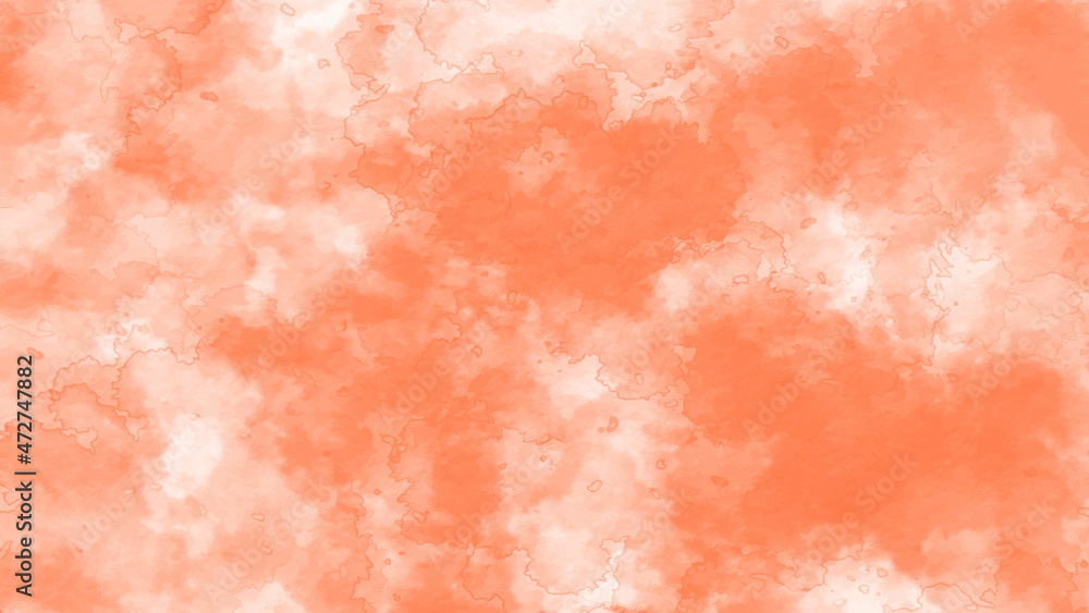 Fototapeta premium Light orange coral sky with fluffy big clouds, sky background. shabby paint and plaster cracks