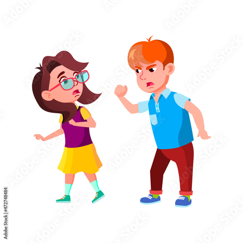 Boy Shouting And Threatening With Fist Girl Vector. Aggressive Caucasian Schoolboy Threatening And Screaming At Schoolboy. Characters Aggression And Bullying Flat Cartoon Illustration © PikePicture