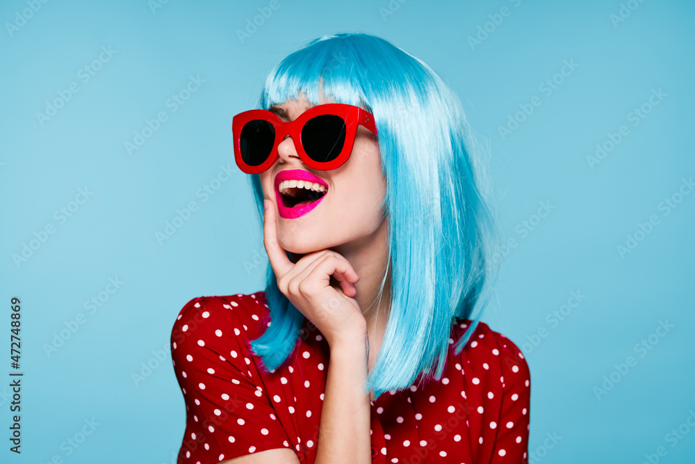 Fototapeta premium beautiful woman in blue wig sunglasses Glamor close-up