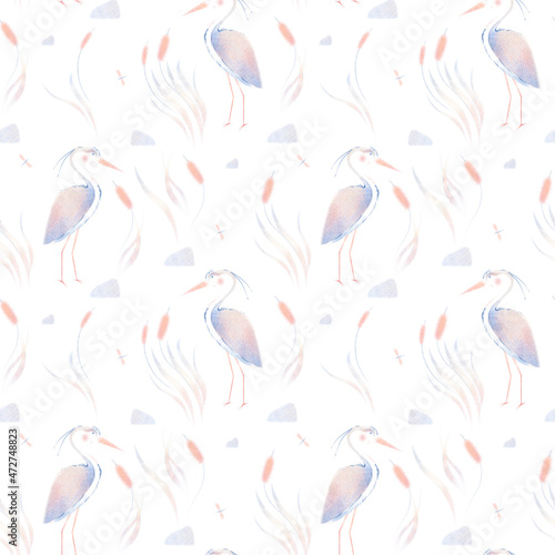 Watercolor delicate seamless pattern with illustration of birds heron in the water, reeds, grass, butterfly, stone isolated on white background.