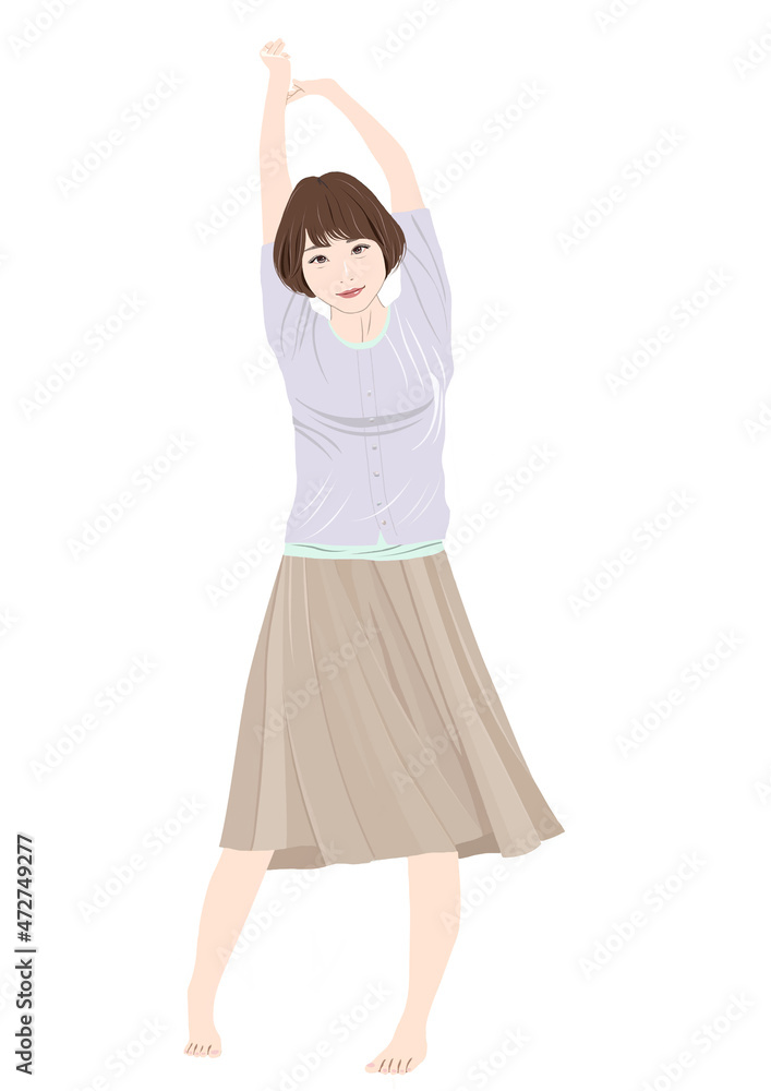Fototapeta premium 両手を上げ背伸びする女性イラスト