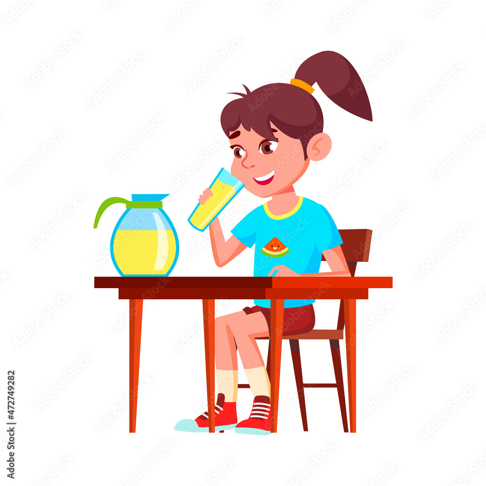 Schoolgirl Drinking Lemonade On Breakfast Vector. Smiling Caucasian School Girl Drink Lemonade At Table. Character Lady Enjoying Sweet Delicious Beverage Flat Cartoon Illustration Schoolgirl Drinking Lemonade On Breakfast Vector. Smiling Caucasian School Girl Drink Lemonade At Table. Character Lady Enjoying Sweet Delicious Beverage Flat Cartoon Illustration