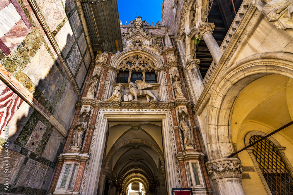 Entrance of the Doge's Palace in the Piazza San Marco in Venice, Italy. Erected in 1340 as the seat of palace.