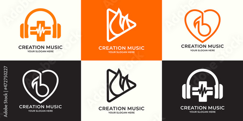 headphone cross melody play button heart tones music and multimedia logo