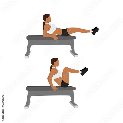 Woman doing Seated Bench leg pull ins. Flat bench knee ups exercise. Flat vector illustration isolated on white background