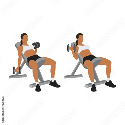 Woman doing Seated alternating incline bench dumbbell curls exercise. Flat vector illustration isolated on white background photo
