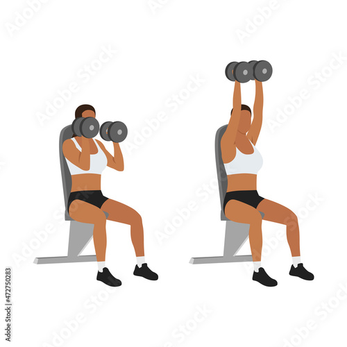 Woman doing Seated Shoulder hammer. Overhead presses exercise. Flat vector illustration isolated on white background