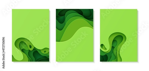 Set of green abstract background in paper cut style. 3d layout wallpaper cut out from cardboard. Modern template with abstract curve shapes. Vector environmental card. Papercut waves for eco poster.