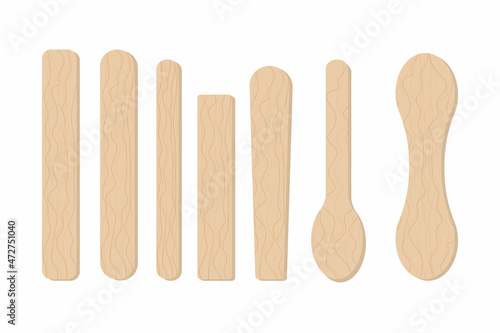 Ice cream wooden sticks flat vector illustrations set. Ecological material. Eco friendly food accesories isolated cliparts on white background. Medical wood tongue depressors collection