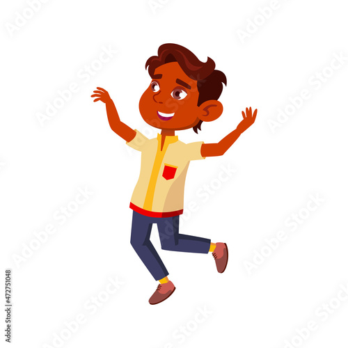 Happy Kid Boy Dancing And Walking Outdoor Vector. Happiness Hispanic Little Child Walk With Smile In Park. Character Infant Celebrate Victory In Game With Friend Flat Cartoon Illustration