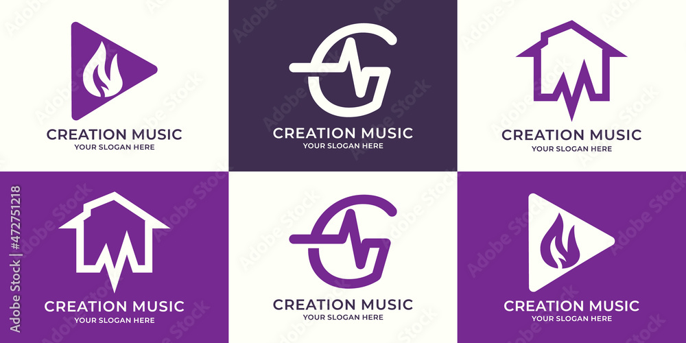 set of logo combination of play button fire letter g music pulse house frequency set of logo combination of play button fire letter g music pulse house frequency