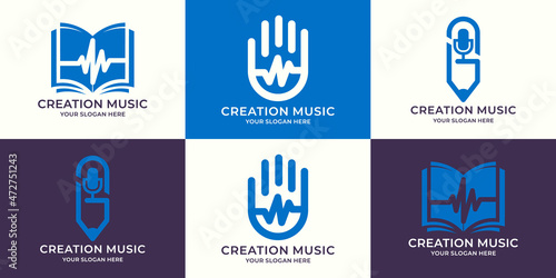set of logo combination of book frequency hand pulse podcast pen