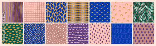 Hand Drawn Seamless Patterns Textures Set. Abstract Vector Background in Contemporary Style. Rain Drops,