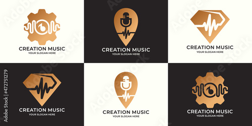 set of logo combination of gear music tone frequency podcast location gem music pulse