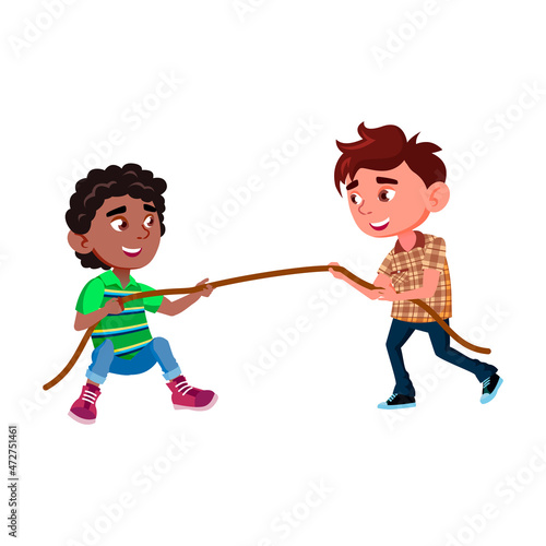Schoolboys Pulling Rope On Competition Game Vector. African And Caucasian School Boys Pulling Rope Togetherness. Characters Children Energy Power Sport Time Flat Cartoon Illustration