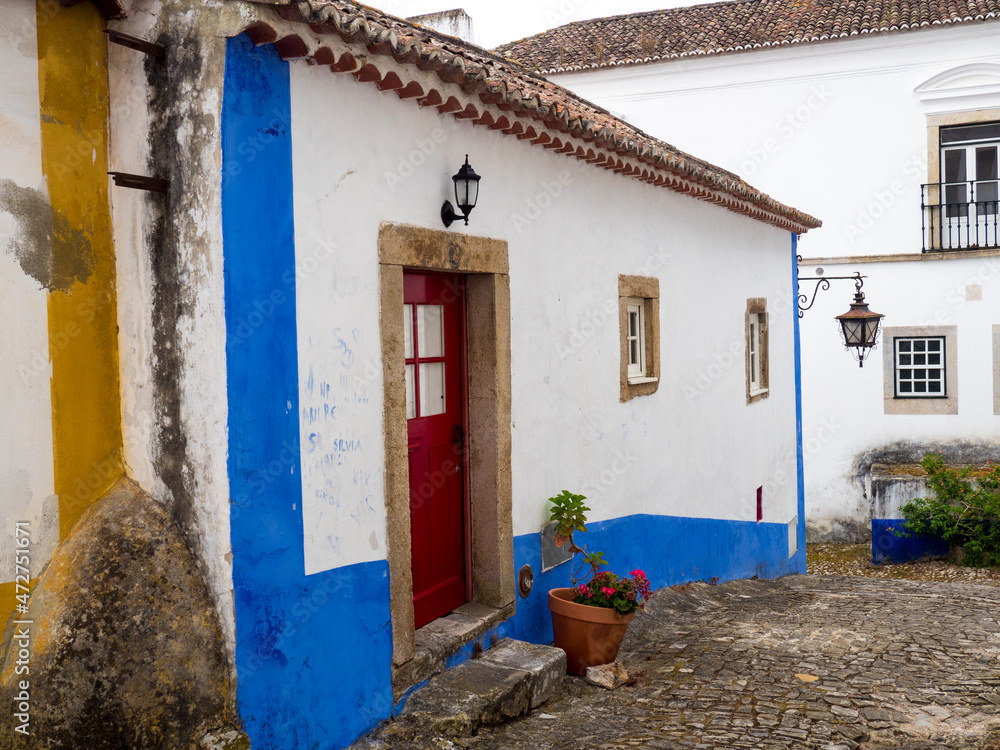 Portugal, Obidos. Graphic buildings inside the walled town